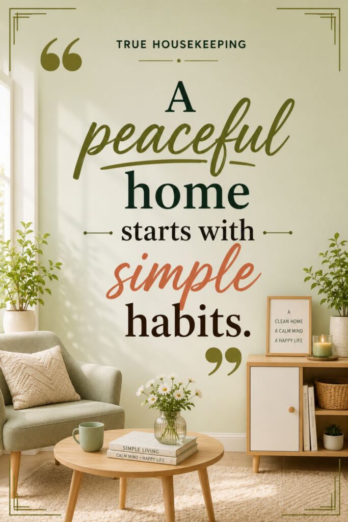 A clean and peaceful home with simple daily cleaning habits, organized spaces, and a calm atmosphere showing that a peaceful home starts with simple habits. "A peaceful home starts with simple habits."