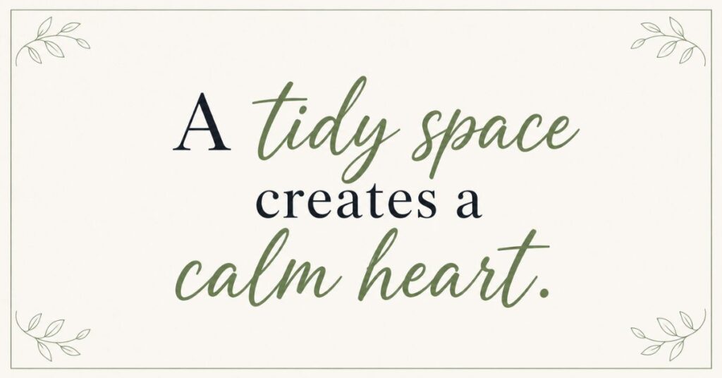 A tidy space creates a calm heart quote displayed in a bright, organized modern home with a clean and peaceful interior.