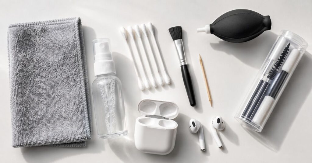 Safe AirPods cleaning supplies arranged neatly on a white table.
