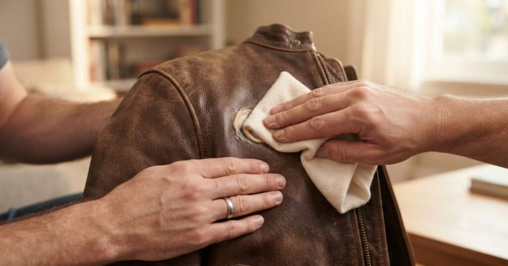 
Applying leather conditioner to restore softness and protect a leather jacket.
