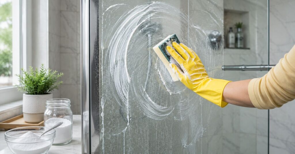 Using baking soda paste to clean hard water stains on shower glass.