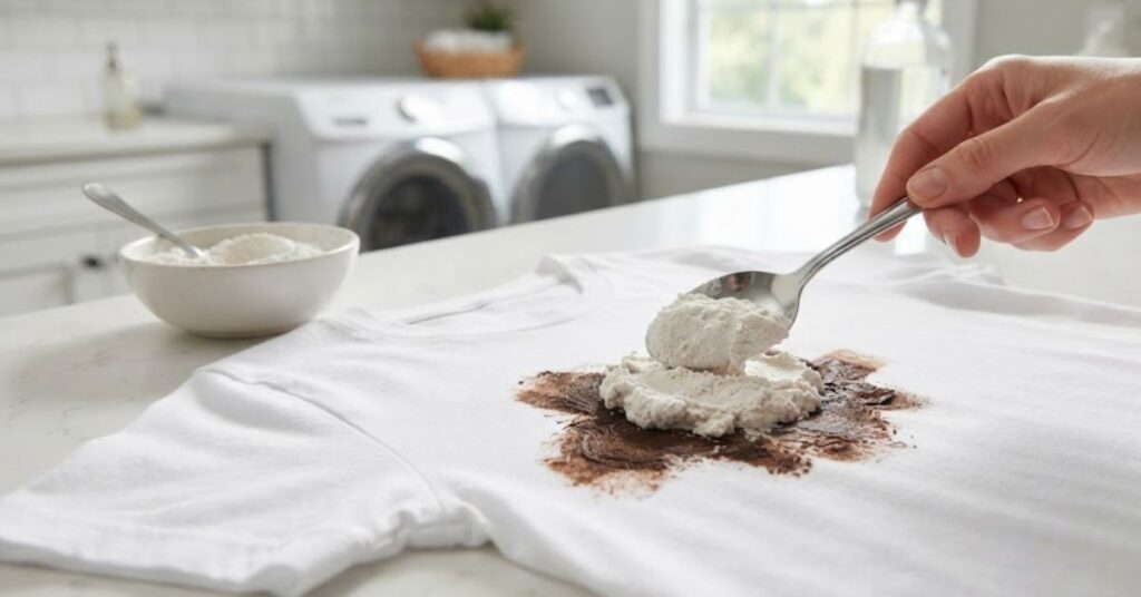 Applying baking soda paste to remove chocolate stains naturally