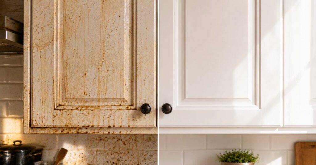 Before and after cleaning greasy kitchen cabinets.