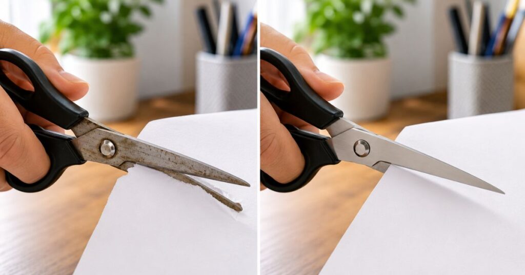 Before and after sharpening household scissors at home