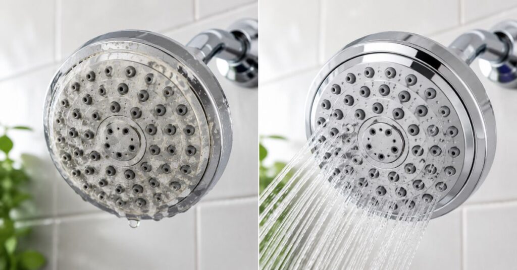 Before and after cleaning a shower head without vinegar