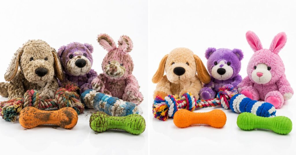 Dirty dog toys compared with freshly cleaned dog toys