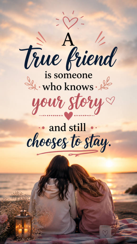 A true friend is someone who knows your story and still chooses to stay quote with two best friends watching the sunset