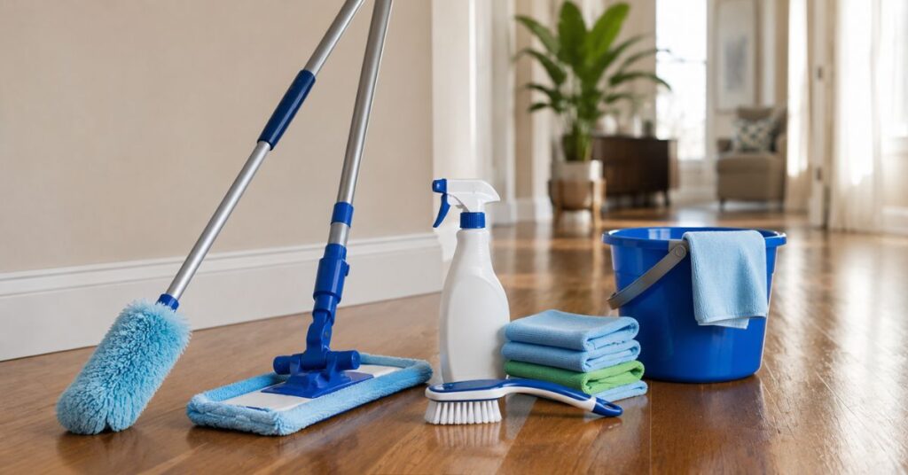 Long-handled microfiber duster, flat mop, and cleaning tools for baseboards.