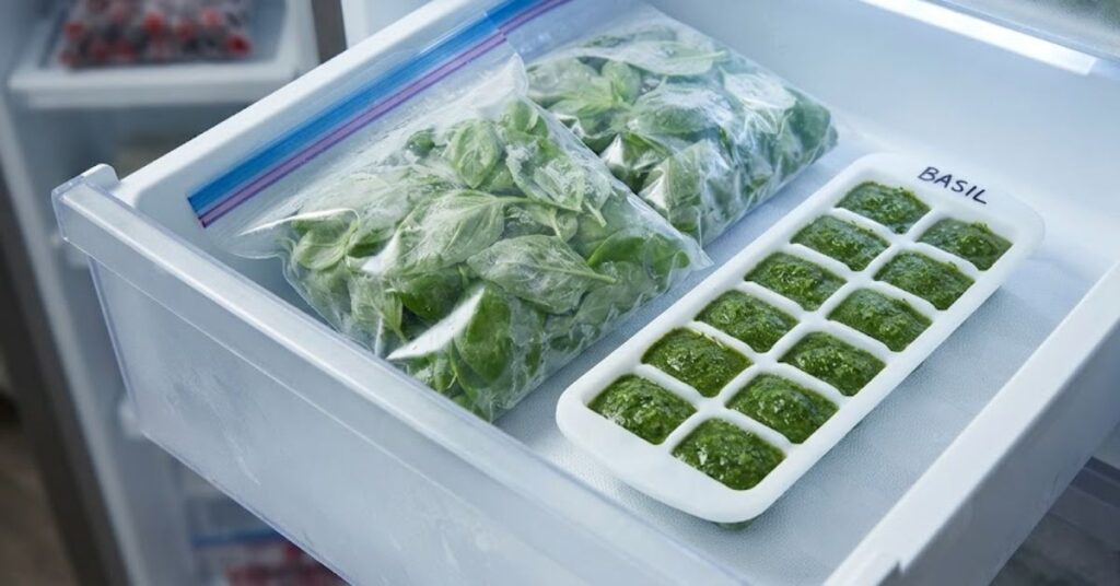 Frozen basil leaves stored in freezer-safe bags