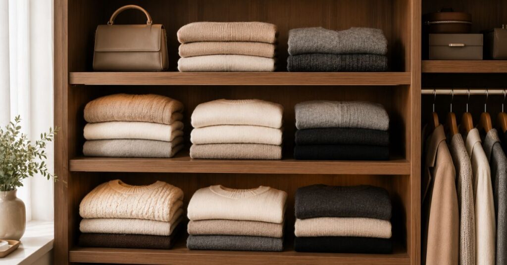 Folded cashmere sweaters arranged neatly on wooden closet shelves.