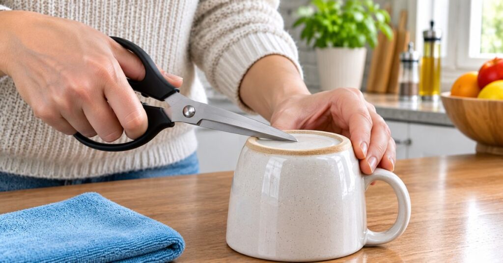 Sharpening scissors using the bottom of a ceramic mug