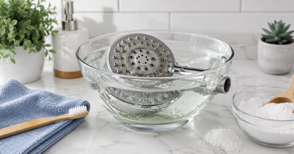 Chrome shower head soaking in citric acid solution to remove hard water buildup