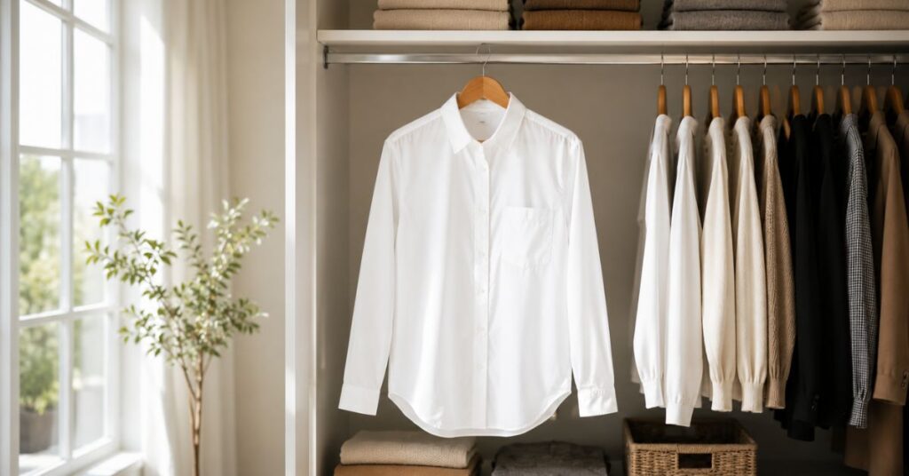 Classic white button-down shirt hanging neatly inside an organized wardrobe.