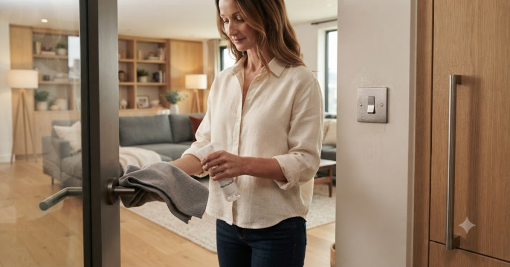 Person disinfecting high-touch surfaces including light switches and door handles.