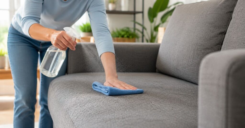 Cleaning a fabric sofa with a microfiber cloth and homemade cleaner