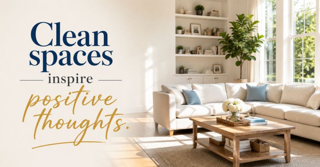 Clean spaces inspire positive thoughts quote displayed in a bright, modern living room with a clean, organized, and peaceful interior.