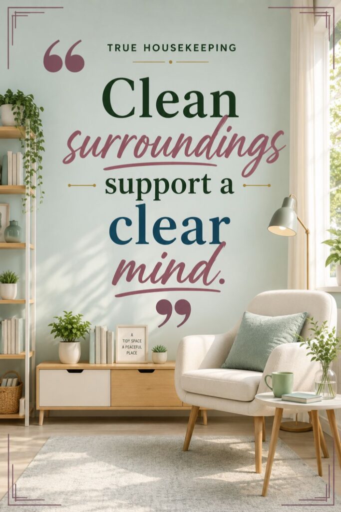 A clean and peaceful home environment with an organized workspace showing how clean surroundings support a clear mind and improve focus. "Clean surroundings support a clear mind."