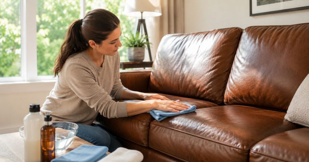 Gently cleaning a leather couch using a microfiber cloth