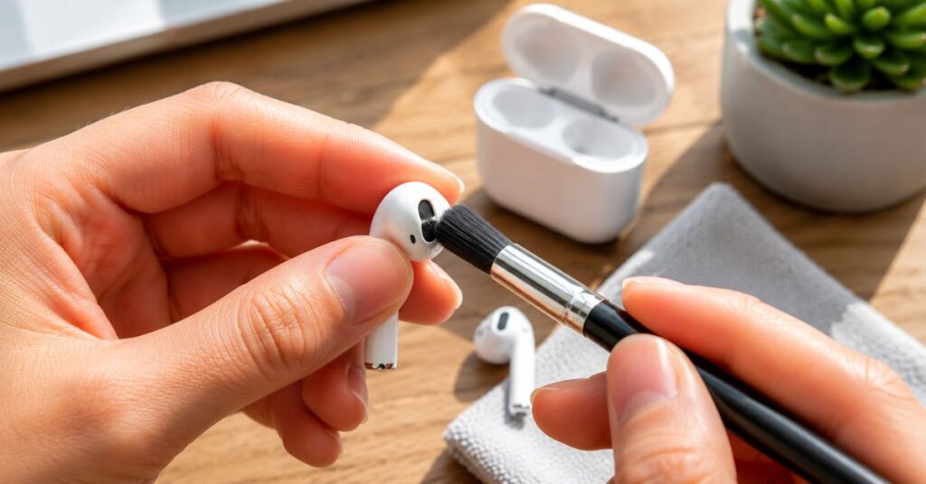Cleaning AirPods microphones with a soft brush.
