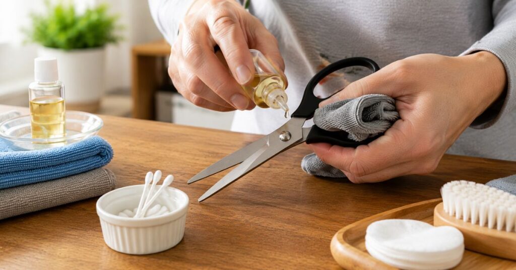 Cleaning and lubricating household scissors after sharpening