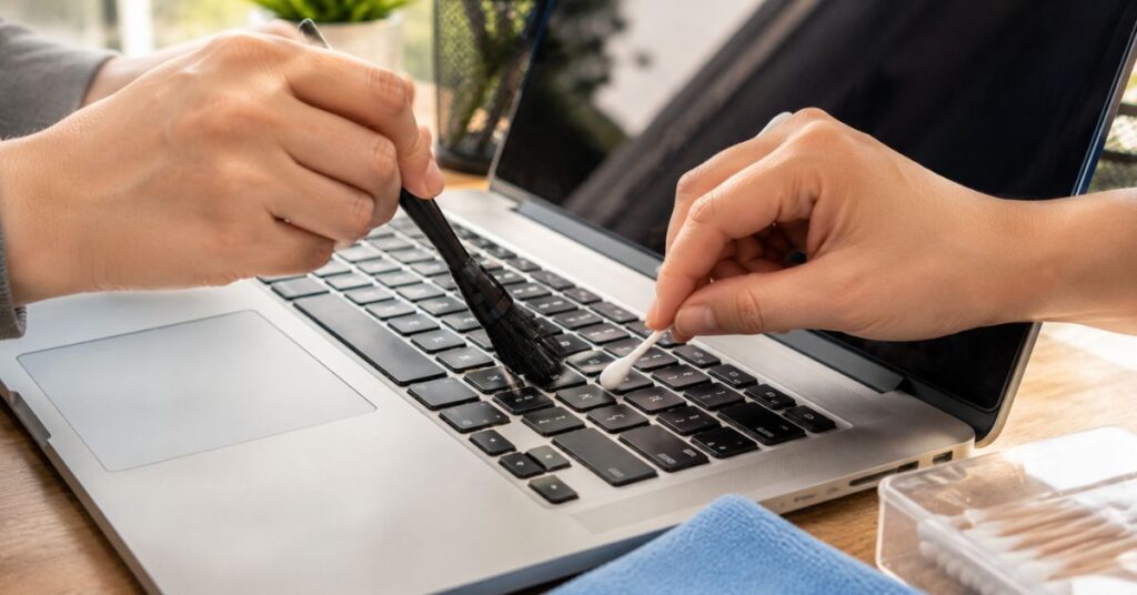 Cleaning dust between laptop keyboard keys with a soft brush.