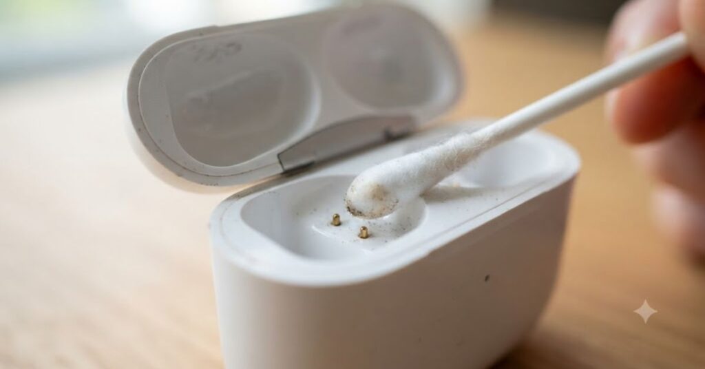 Cleaning AirPods charging contacts with a dry cotton swab.

