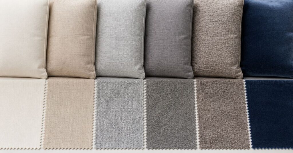Different fabric sofa materials including cotton, linen, microfiber, polyester, and velvet