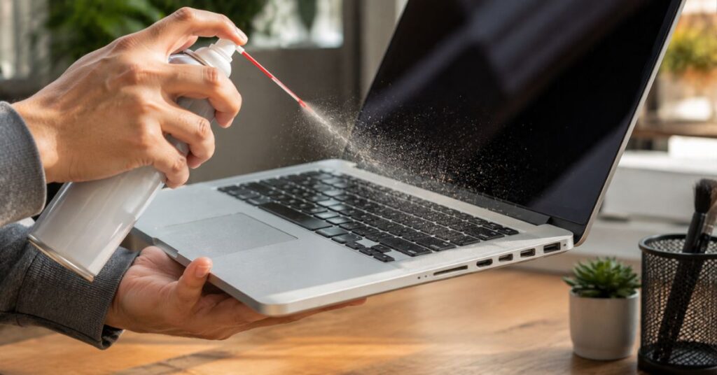 Using compressed air to clean dust from a laptop keyboard.
