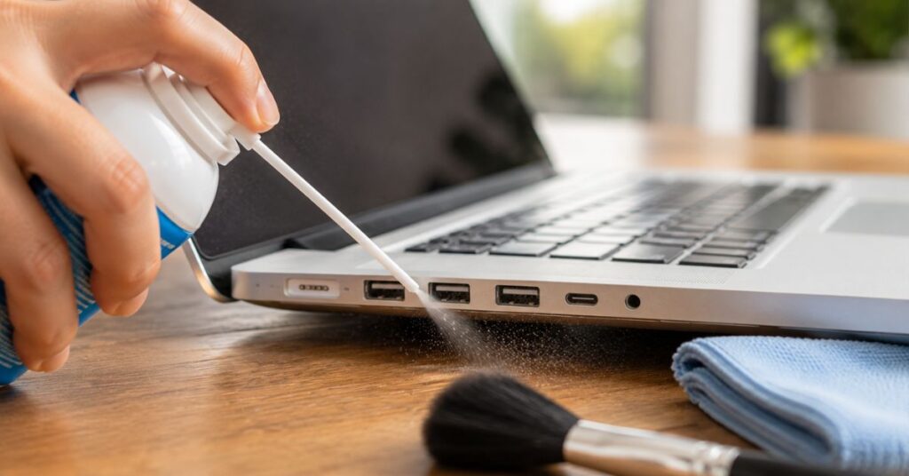 Cleaning laptop charging and USB ports using compressed air.