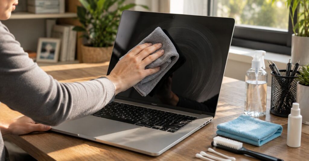 Cleaning a laptop screen safely with a microfiber cloth.