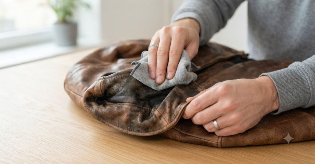 
Cleaning leather jacket collar and cuffs to remove sweat and dirt buildup.
