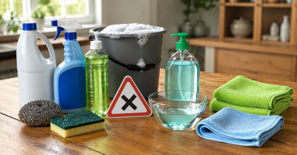 Unsafe cleaning products that should not be used on wooden furniture.