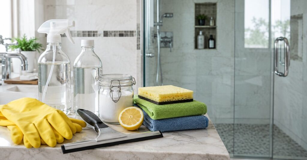 Supplies needed to remove hard water stains from shower glass.