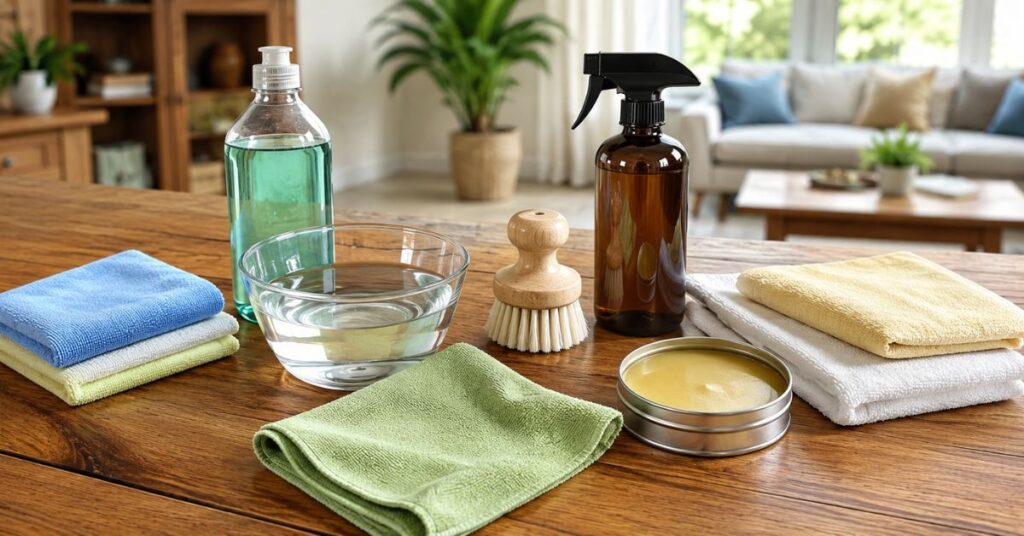 Cleaning supplies for wooden furniture including microfiber cloth, mild dish soap, warm water, soft brush, and wood polish.