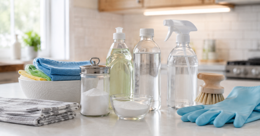 Kitchen cabinet cleaning supplies including microfiber cloth, dish soap, vinegar, and baking soda.