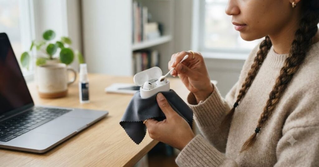 Cleaning the inside and outside of an AirPods charging case.

