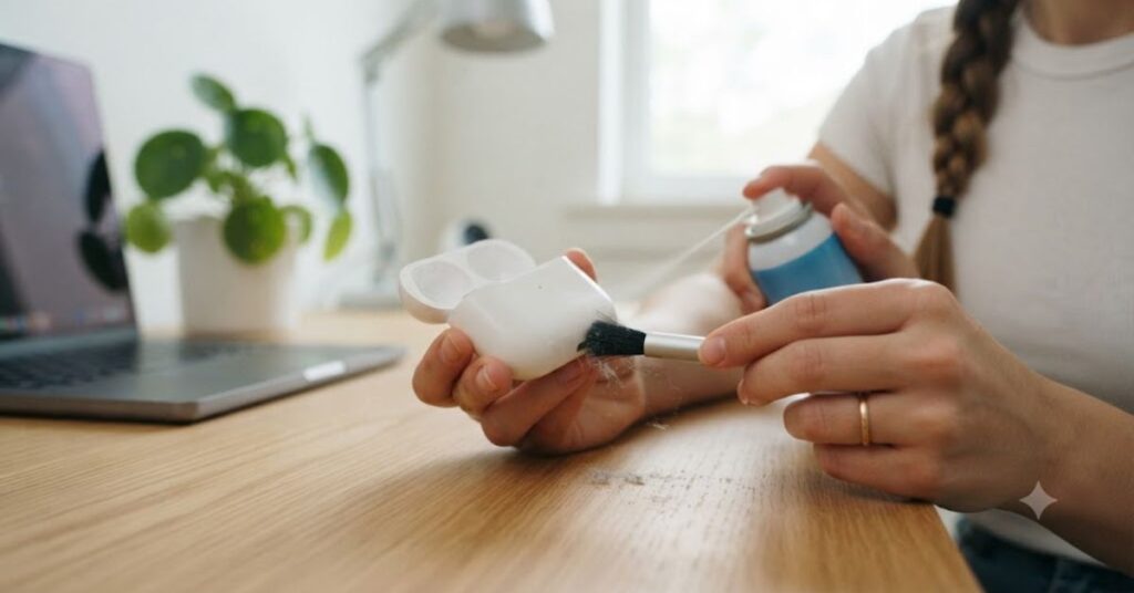 Removing dust and lint from the AirPods charging port safely.
