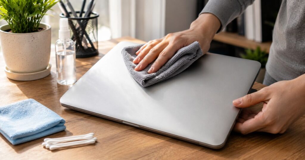 Cleaning the outside of a laptop using a microfiber cloth.