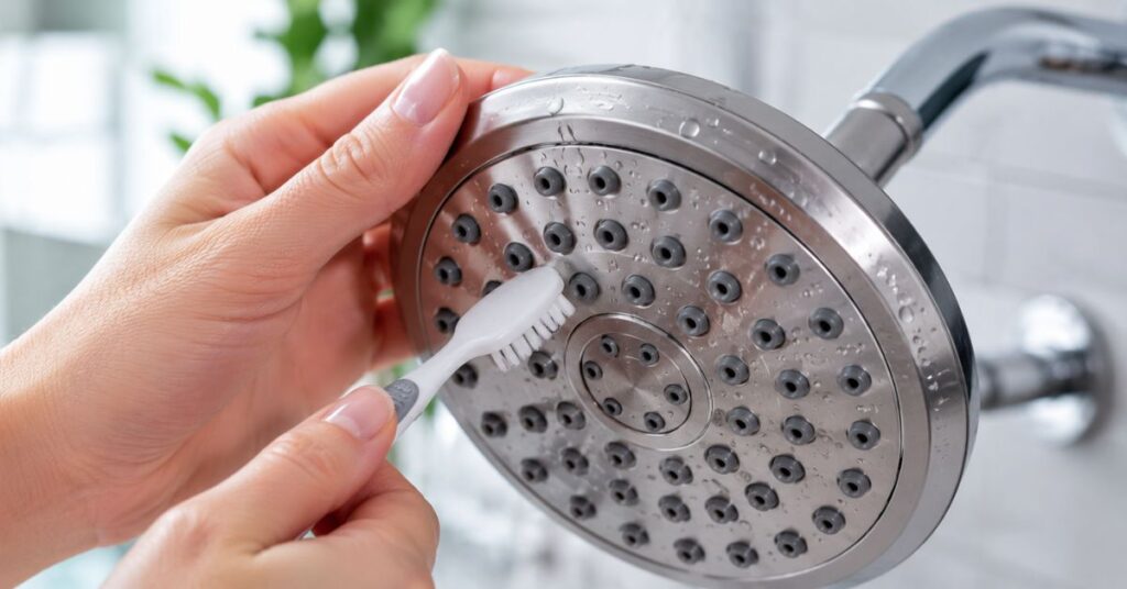 Cleaning shower head spray nozzles with a soft toothbrush