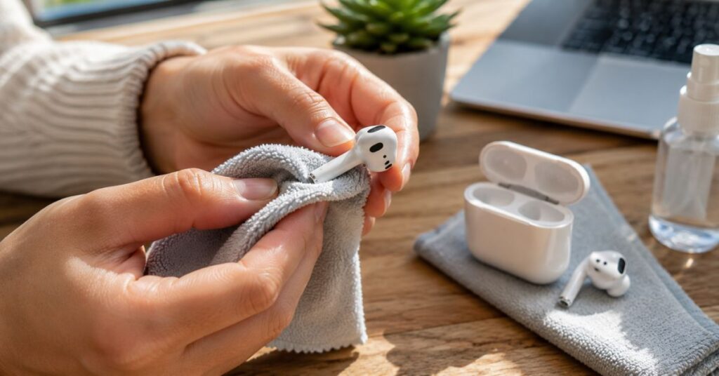 Cleaning the outside of AirPods using a microfiber cloth.

