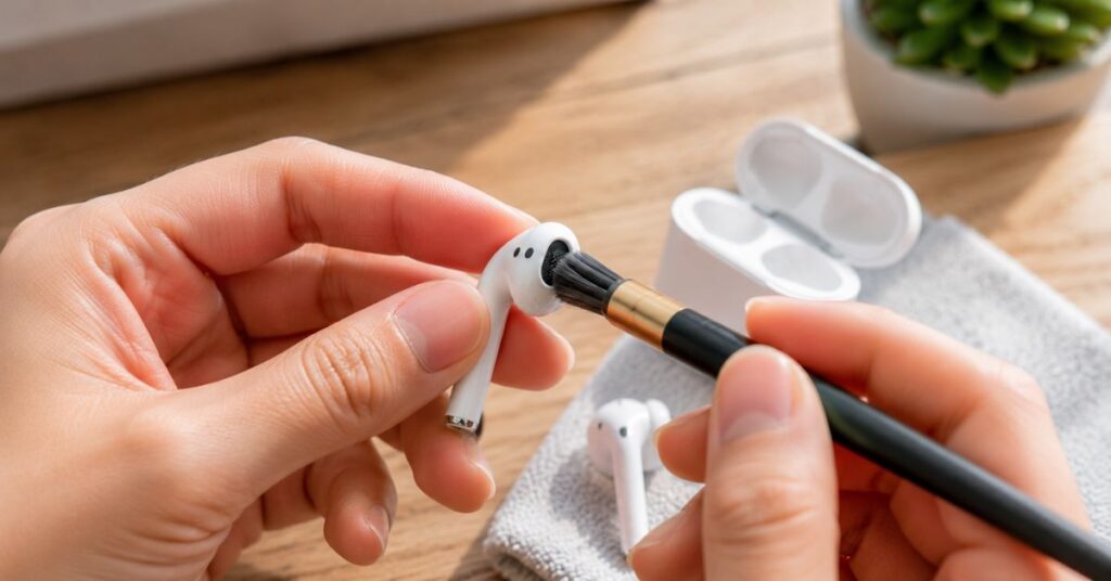 Cleaning AirPods speaker mesh with a soft anti-static brush.
