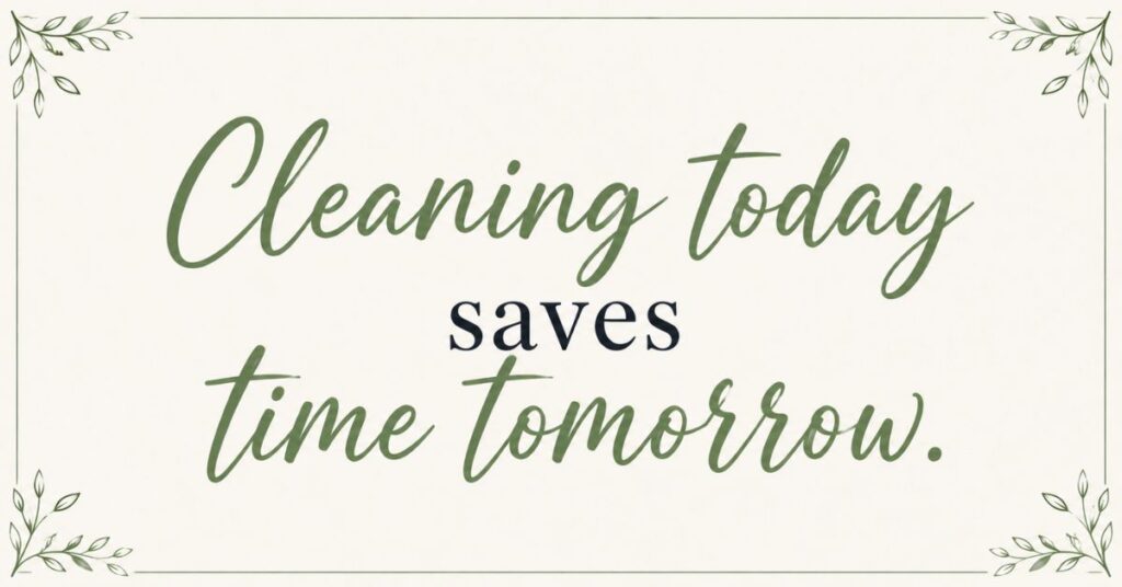 Cleaning today saves time tomorrow quote displayed in a bright, organized home with a clean, modern, and peaceful interior.
