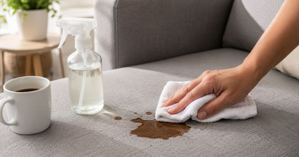 Removing a coffee stain from a fabric sofa using a microfiber cloth