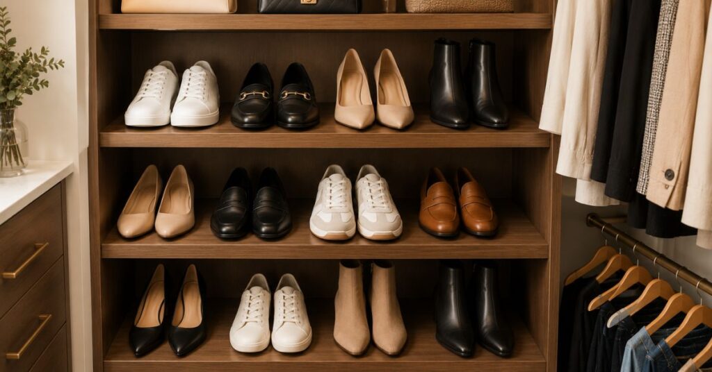 Neutral shoes neatly organized on modern closet shelves.