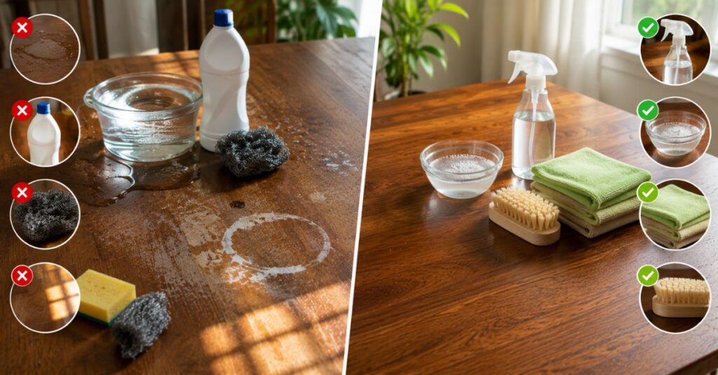Examples of common mistakes that damage wooden furniture.