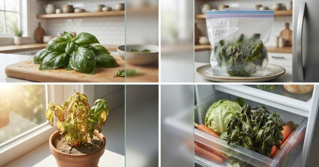 Common basil storage mistakes including wet leaves and sealed plastic bags