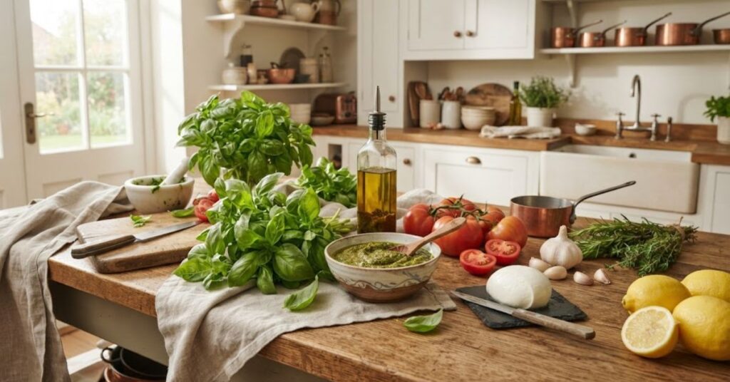 Fresh basil leaves with homemade pesto and healthy ingredients on a kitchen counter