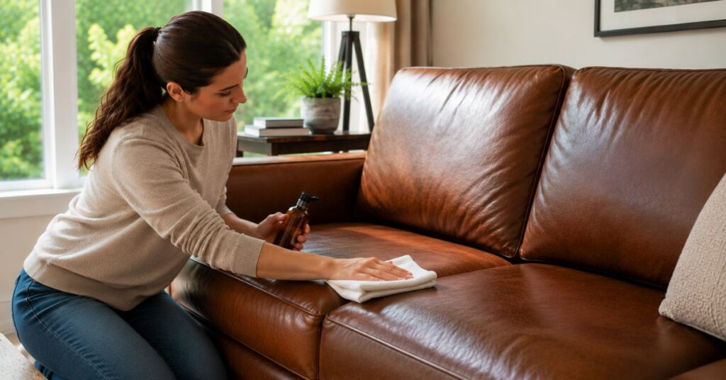Applying leather conditioner to protect a leather couch after cleaning