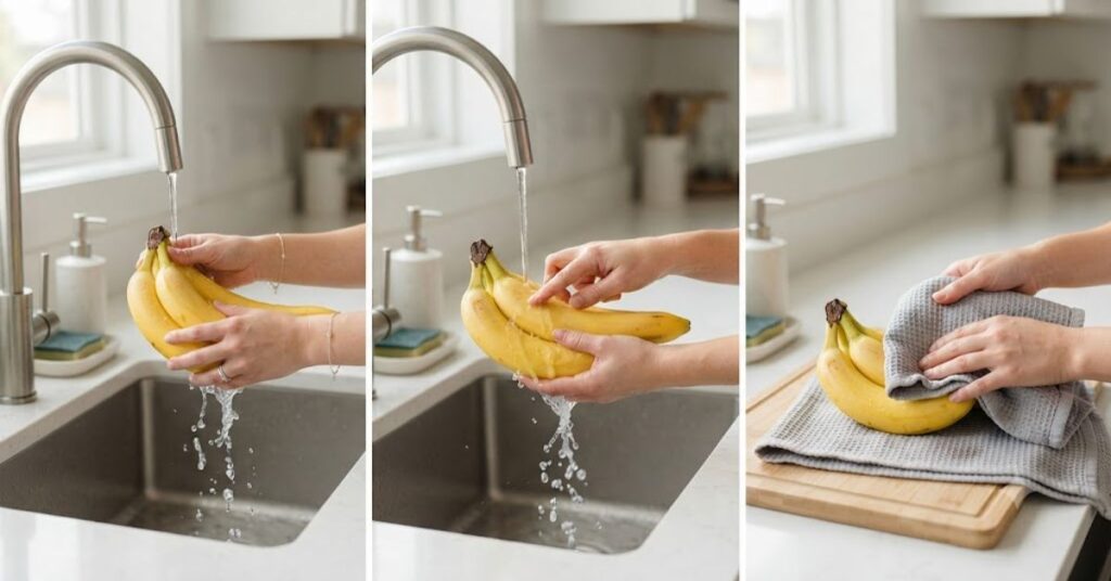 Step-by-step method for washing and drying bananas properly.