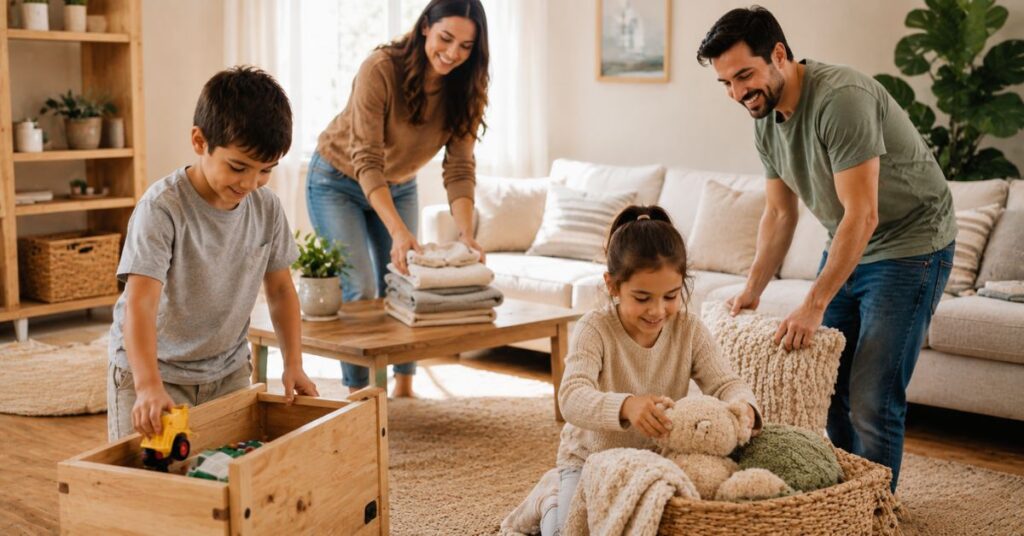 Family working together to tidy and organize their home.